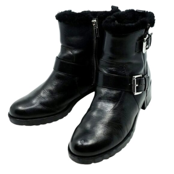 MICHAEL KORS~GRETCHEN BOOTIE~Womens Sheep Fur Lining Buckle Leather Black 8 - Picture 1 of 7
